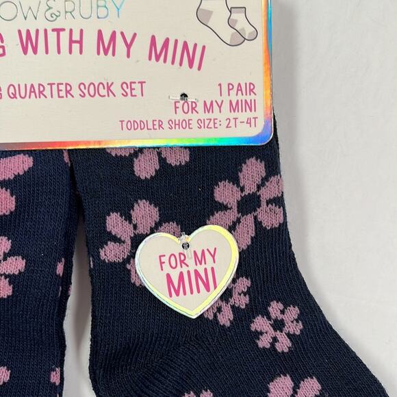 Willow & Ruby Sock Set 1 Adult 1 Child Navy Quarter Sock Blue with Pink Flowers - Picture 3 of 9